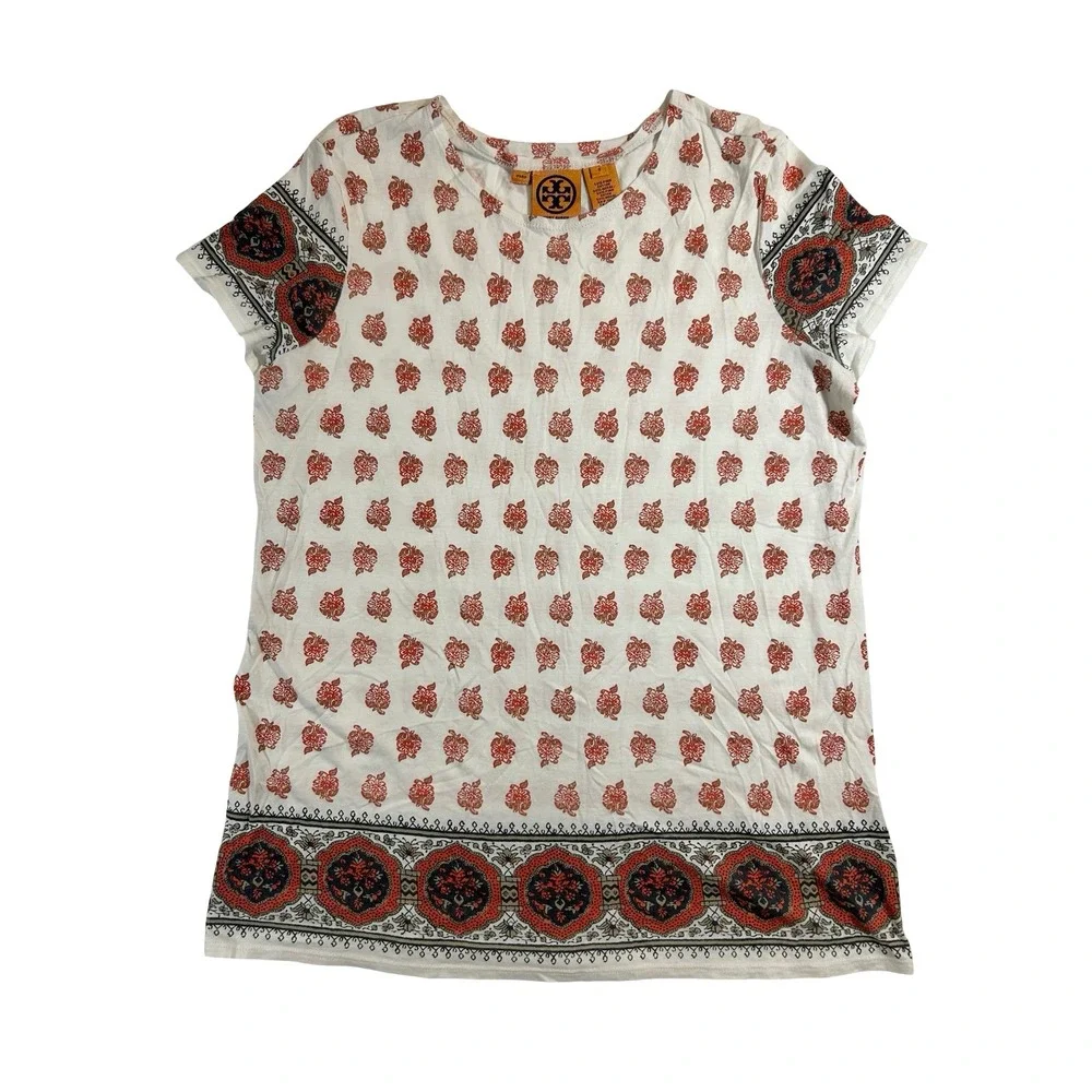 Tory Burch Womens Pima Cotton Modal Floral Block Print Tee Shirt Red White S